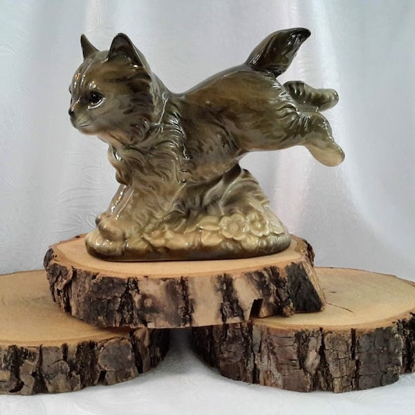 Vintage Made in Japan Brown Running Cat Ceramic Figurine