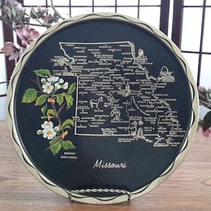 Vintage Black and Gold Tone Round Metal Serving Tray with Map of the State of Missouri