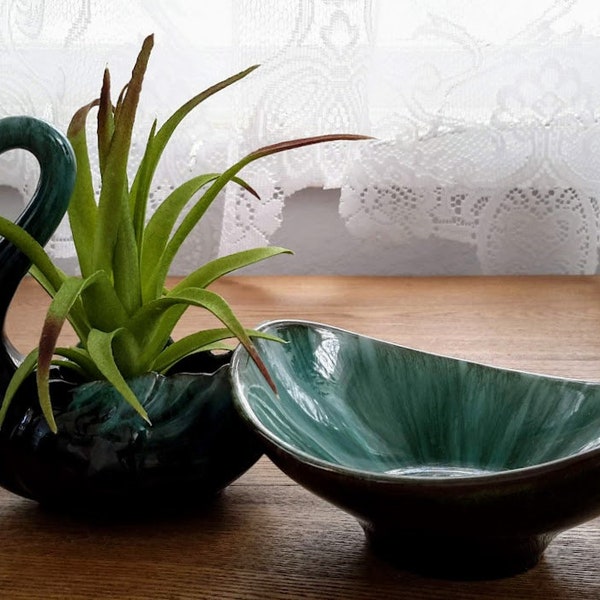 Vintage Red Clay “Blue Mountain Pottery Canada” Green over Black Glaze Swan Planter and Oval Bowl