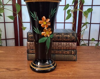 Vintage Czechoslovakia Bohemia Black Glass Hand-painted Flower