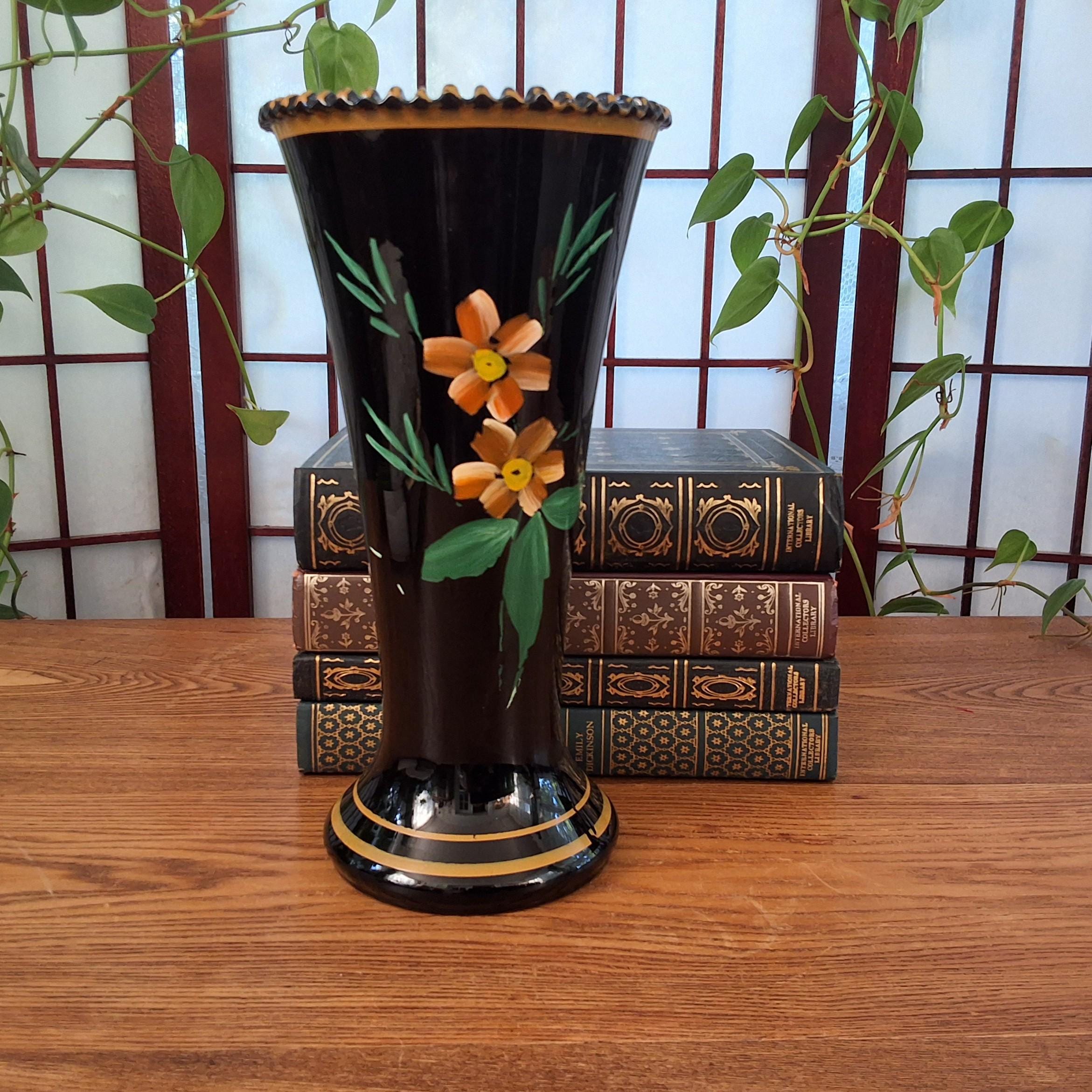 Vintage Czechoslovakia Bohemia Black Glass Hand-painted Flower
