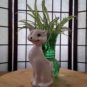 May include: A pink ceramic cat figurine with yellow eyes and a green glass vase filled with a green and white plant.