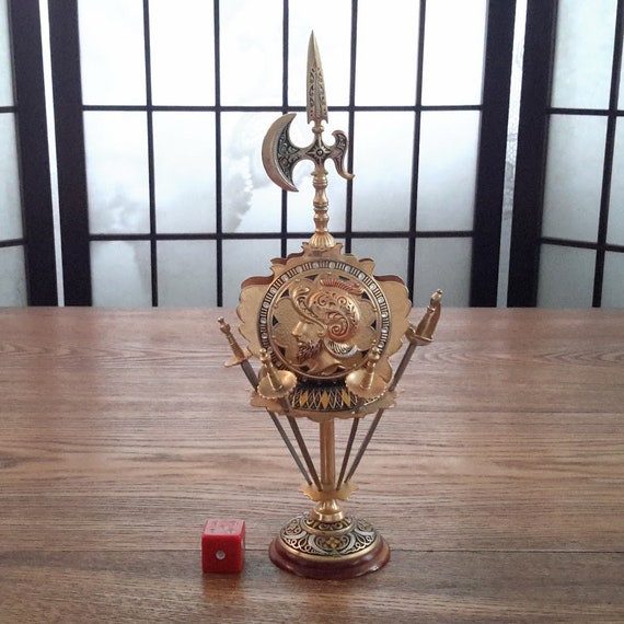 Vintage Toledo Spain Damascene Style Set of Four Miniature Swords Picks with Shield and Lance Stand