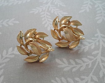 Vintage Signed "Napier" Gold Tone Curved Branch with Leaves Screw Back Earrings