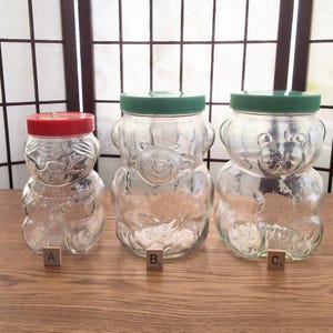 Vintage Empty Kraft Peanut Butter Bear Glass Jars with Plastic Covers