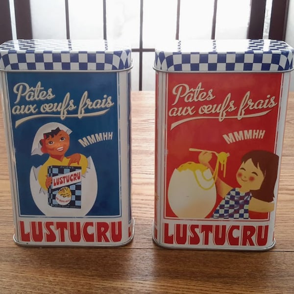 Set of Two (2) Vintage Virojanglor ''Lustucru – Fresh Eggs Pasta'' Metal Tin Promotional Boxes