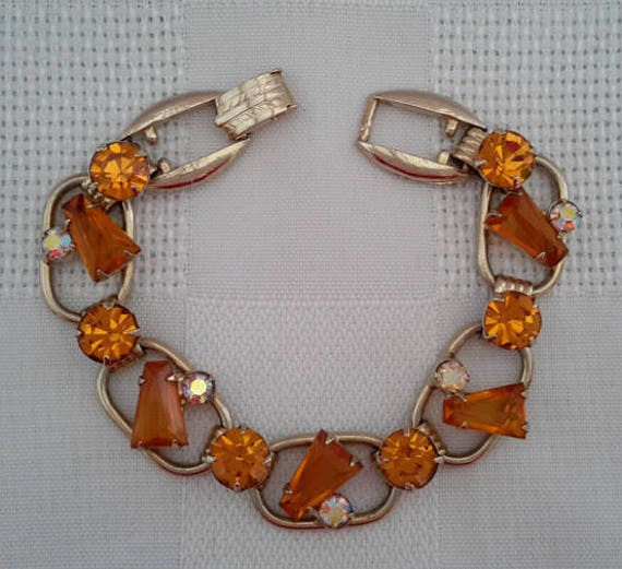 Five Link Bracelet, Amber Color Glass Keyhole Sto… - image 4