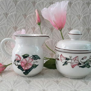 May include: White ceramic creamer and sugar bowl set with a floral design featuring pink flowers and green leaves. The creamer has a handle and spout, while the sugar bowl has a lid. Both pieces have a brown trim.