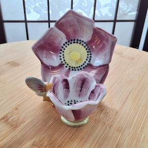 Vintage Made in Japan Flower Shaped Hand-Painted Miniature Cup and Saucer Set with Butterfly Handle