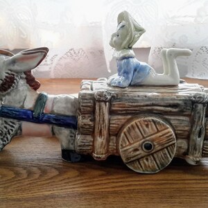 Vintage Ceramic Box Grey Donkey Pulling Cart Wagon with Elf on Top