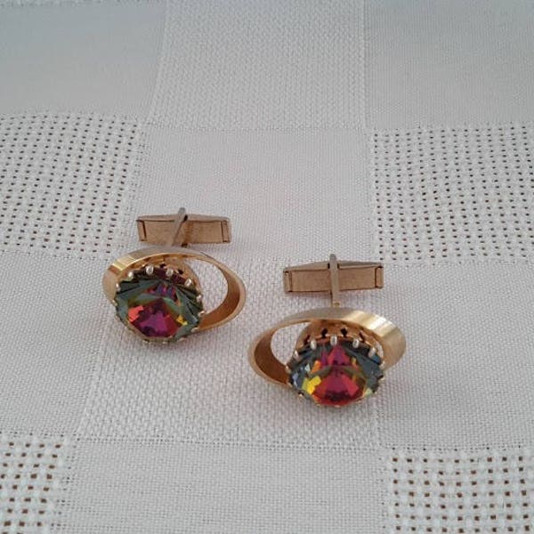 Vintage Mid-Century Watermelon Rivoli Rhinestone Unisex Cufflinks