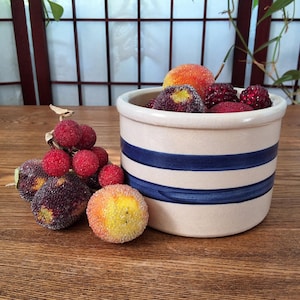 May include: A cream-coloured ceramic crock with blue stripes is filled with sugared fruits, including red berries and orange and yellow fruits. Some fruits are arranged outside the crock on a wooden surface.