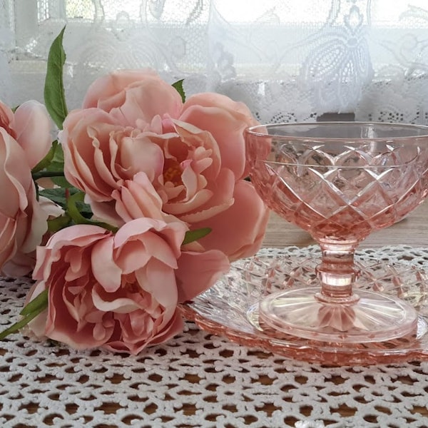 Vintage Anchor Hocking ‘’Waterford/Waffle’’ Sherbet and Saucer Pink Glass Duo
