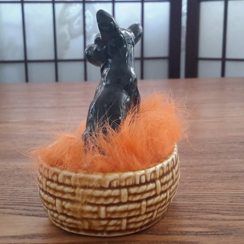 Vintage Made in Japan Black Scottie Dog Sitting in Basket With