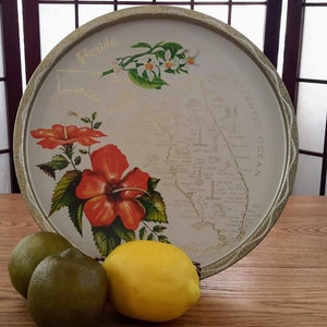 Vintage White and Gold Metal Serving Tray with Map of the State of Florida