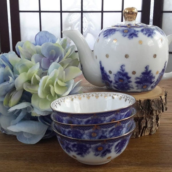 Vintage Lomonosov ''Russian Design - Bridesmaid'' Blue & White Fine Porcelain Individual Tea Pot and Three Sipper Cups