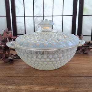 Vintage Anchor Hocking Moonstone Glass Two-Handles Round Candy Jar with Lid