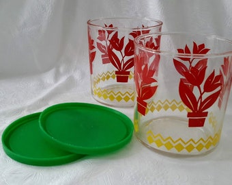 Vintage Hazel-Atlas Red Tulips “E-Z Store” Set of Two Cottage Cheese Containers with Original “Flexeel” Green Plastic Lids
