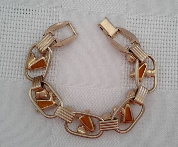Five Link Bracelet, Amber Color Glass Keyhole Sto… - image 5