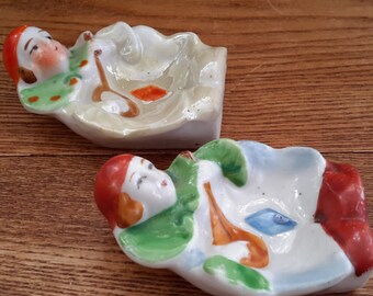 Vintage Occupied Japan Lusterware Ceramic Set of Two Musician Clown and Card Suit Ashtrays