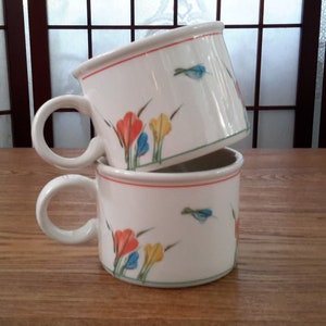 Peut inclure: Deux tasses en céramique blanches empilées. Chaque tasse présente un motif floral avec des fleurs rouges, jaunes et bleues, et une bordure rouge et verte. Les tasses ont une anse incurvée.