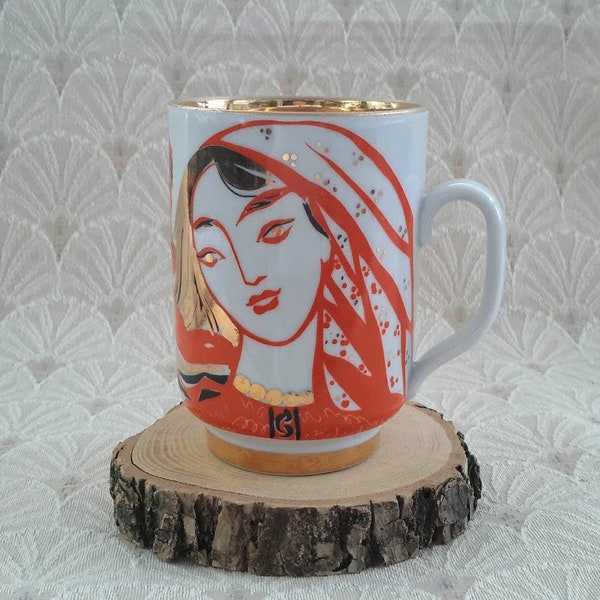 Vintage Three Feminine Faces Russian Orange and Gold Porcelain Coffee Mug by Lomonosov