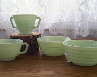 Vintage Hazel-Atlas “Moderntone” Grouping of Two (2) Pastel Green Cereal Bowls, One (1) Sugar Bowl and One (1) Teacup