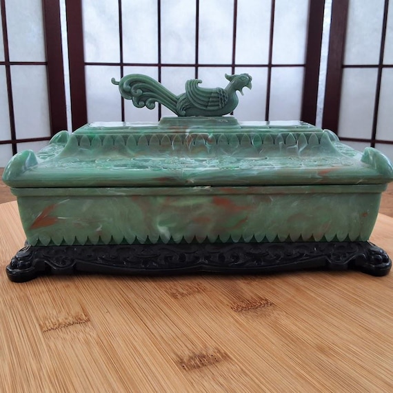 Vintage Asian Style Green and Black Plastic Jewelry Trinket Box