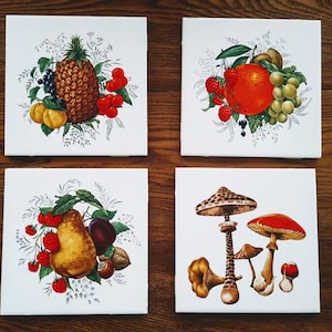 May include: Set of four ceramic tiles featuring colourful illustrations of fruit and mushrooms. The tiles are white with a decorative border. The first tile shows a pineapple, cherries, and plums. The second tile shows an orange, raspberries, and grapes. The third tile shows a pear, raspberries, and a plum. The fourth tile shows three mushrooms with red and brown caps.