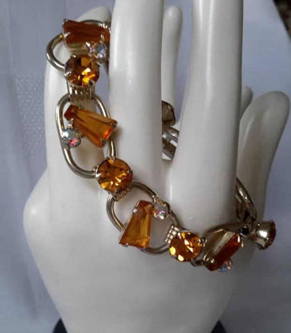 Five Link Bracelet, Amber Color Glass Keyhole Sto… - image 2