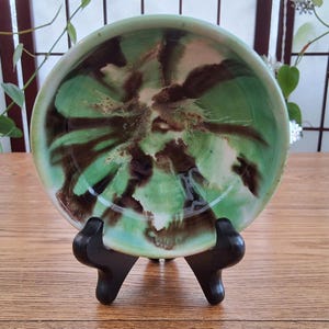 Peut inclure: Une assiette en céramique au design unique, avec des nuances de vert, de marron et de blanc. L'assiette est présentée sur un présentoir en bois brun foncé. Le design de l'assiette a un effet marbré.