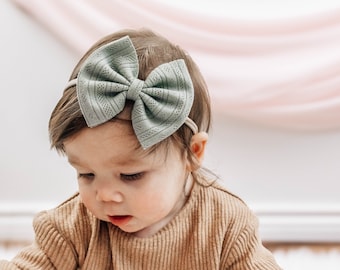 Sage Green Pointelle Fabric Baby Bow Headband - Alligator Clip Bow - Cotton Fabric Bow