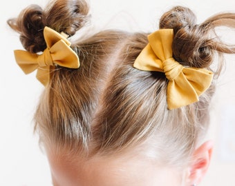 Mustard Yellow Fall Hair Clips - Bows for Girls - Pigtail Bow Set - Barrettes and Clips