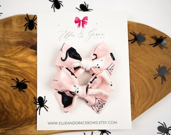 Pink and White Ghost Hair Bows - Cat Baby Bows - Halloween Hair Bows