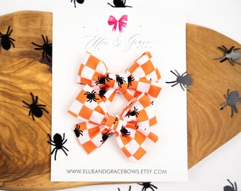 Orange and White Plaid Halloween Bow - Pigtail Bow Set