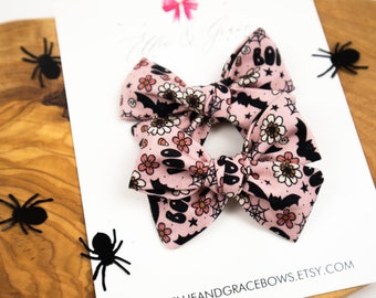 Bat Hair Bows - Halloween Hair Bows - Pink and Black Pigtail Bow Set