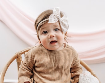 Neutral Colour Cotton Fabric Bow - Wildflower Hairbow - Cream and Brown Pigtail Bow Set