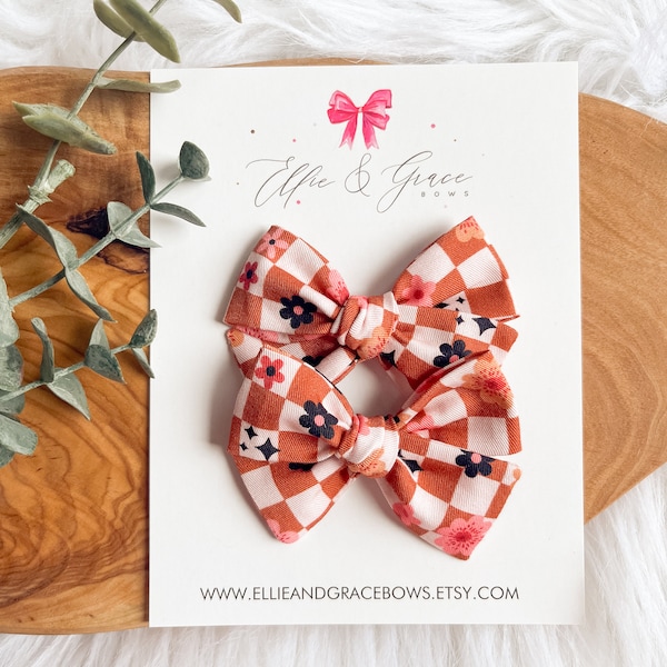 Checkered Bows - Flower Bows - Pigtail Bow Set - Alligator Clip Bows - Thanksgiving Bows