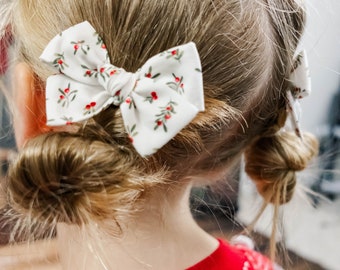 Red and Green Holly Christmas Hair Bow - Pigtail Bow Set