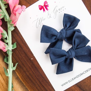 Navy Blue Hair Bows Pigtail Bow Set 100% Cotton Fabric Alligator Clip Bows Pigtail Clips Toddler Girl Hair Clips image 5