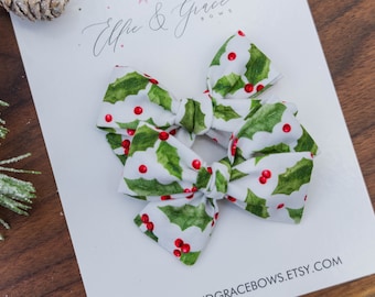 Christmas Holly Pigtail Bow Set - Cotton Fabric Bows