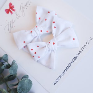 Red and White Canada Day Bows Cotton Fabric Pigtail Bow Set Baby Bow Set Toddler Girl Hair Clips Hair Bow Set image 2