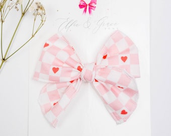 Valentines Day Pink Plaid Bow - Alligator Clip Bow - Pigtail Bow Set