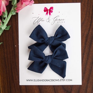Navy Blue Hair Bows Pigtail Bow Set 100% Cotton Fabric Alligator Clip Bows Pigtail Clips Toddler Girl Hair Clips image 4