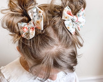 Pigtail Bow Set - Antique Flower Bow - Cotton Fabric Bows - Bows for Girls - Pinwheel Bows - Summer Outfit