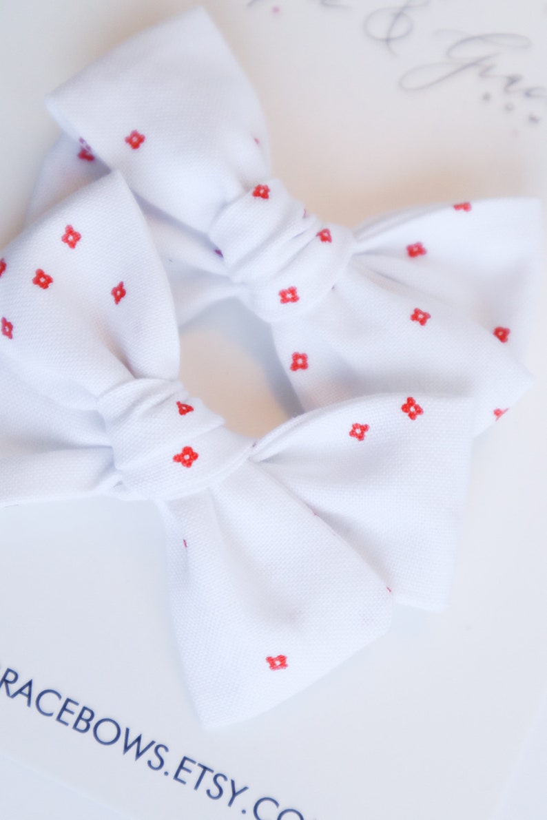 Red and White Canada Day Bows Cotton Fabric Pigtail Bow Set Baby Bow Set Toddler Girl Hair Clips Hair Bow Set image 6