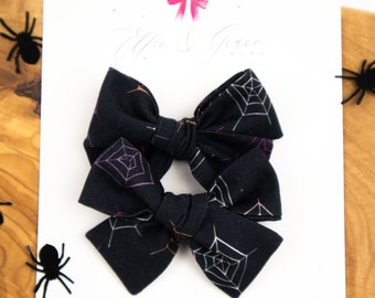 Black and White Spiderweb Bows - Cotton Fabric Halloween Hair Bows