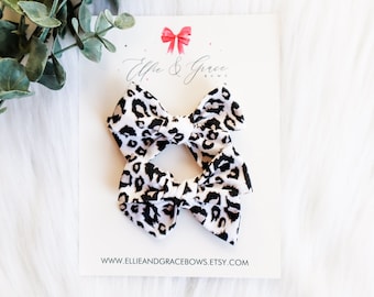 Cheetah Print Cotton Fabric Pigtail Bow Set - Alligator Clip Bow - Hand - Tied Bows - Toddler Girl Hair Clips