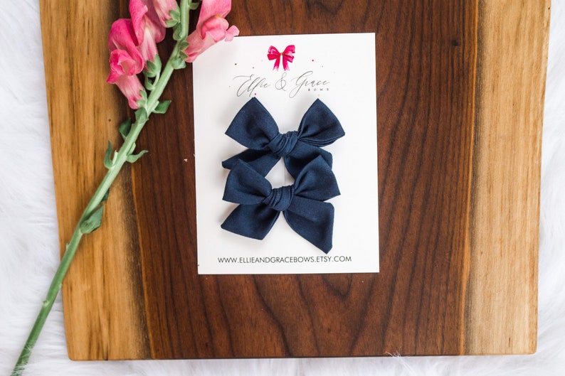 Navy Blue Hair Bows Pigtail Bow Set 100% Cotton Fabric Alligator Clip Bows Pigtail Clips Toddler Girl Hair Clips image 2