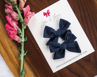 Navy Blue Cotton Hair Bows: Pigtail Clip Set